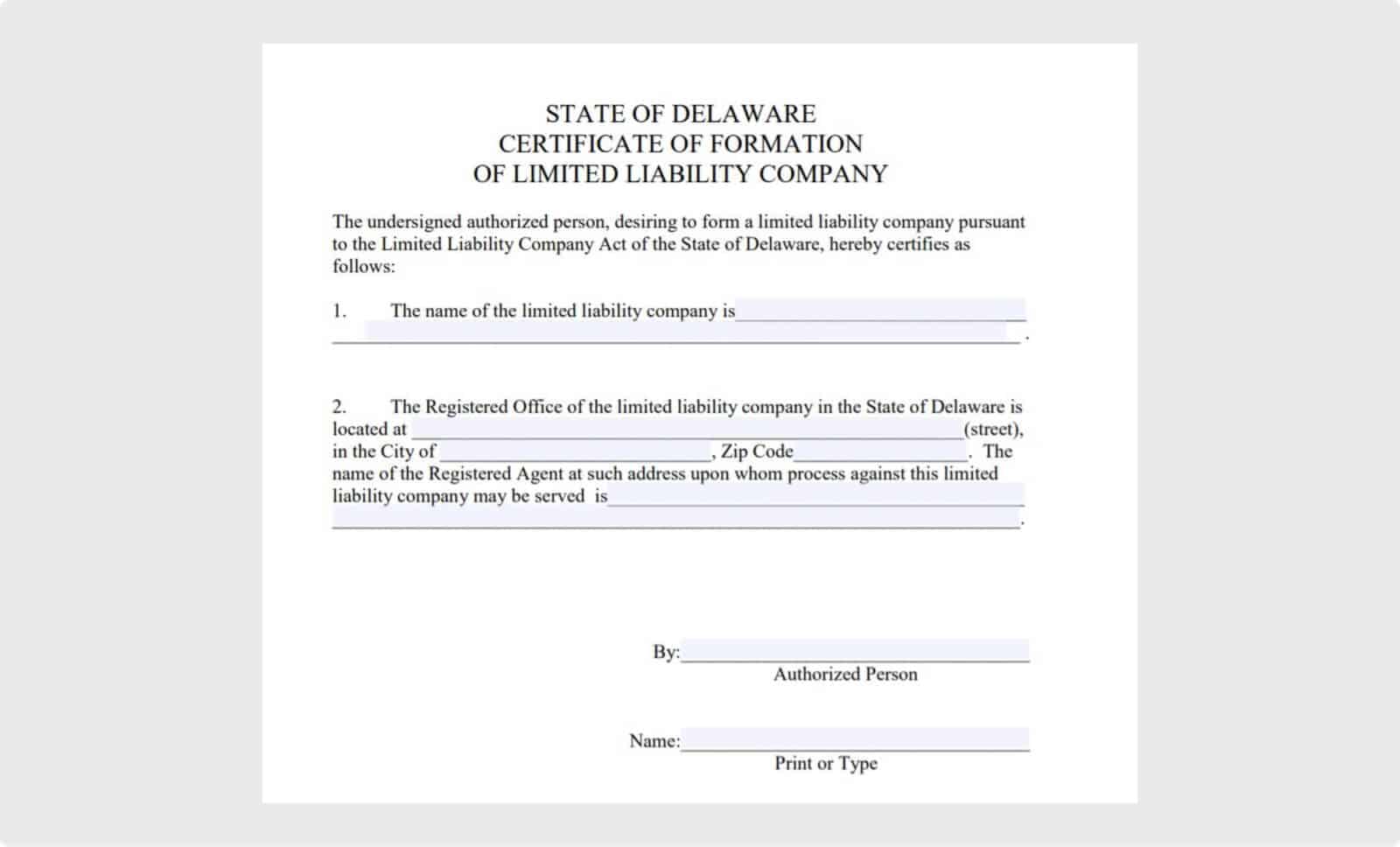 Delaware Certificate of Formation to start an LLC