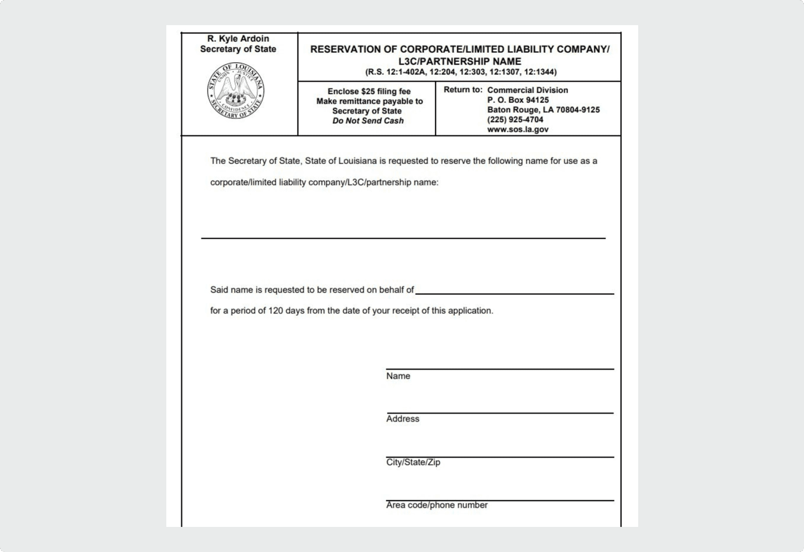 Louisiana Reservation of corporate LLC Name Application