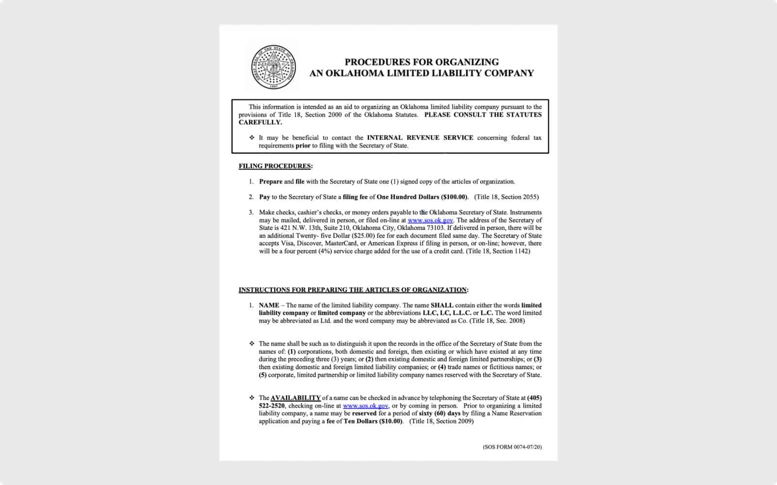 Procedures for Organizing an Oklahoma Limited Liability Company state filing.