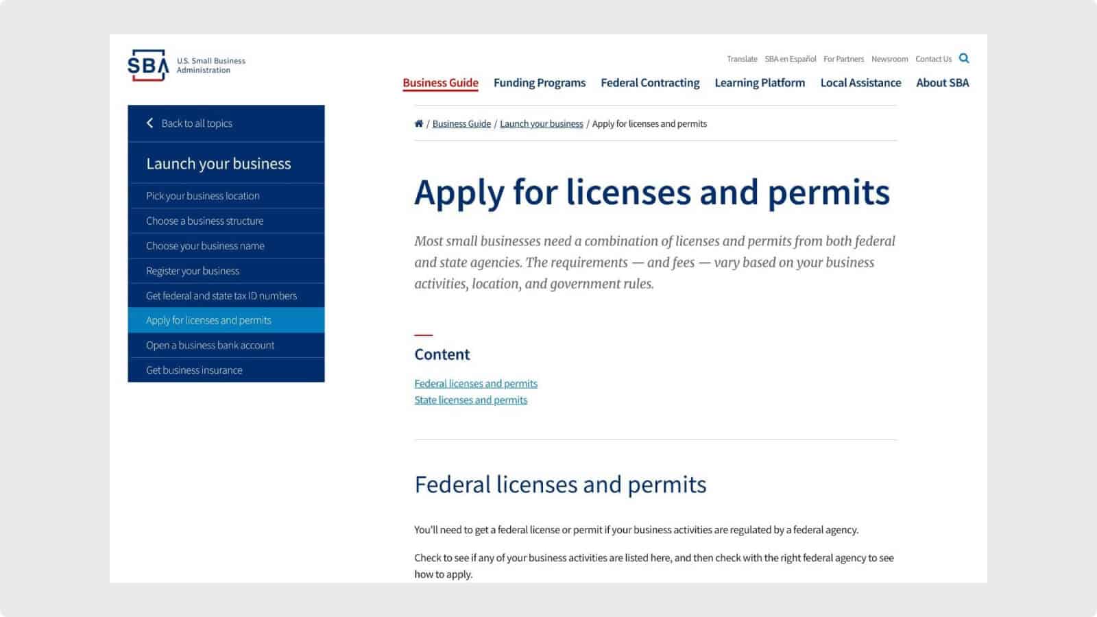 SBA business licenses and permits webpage
