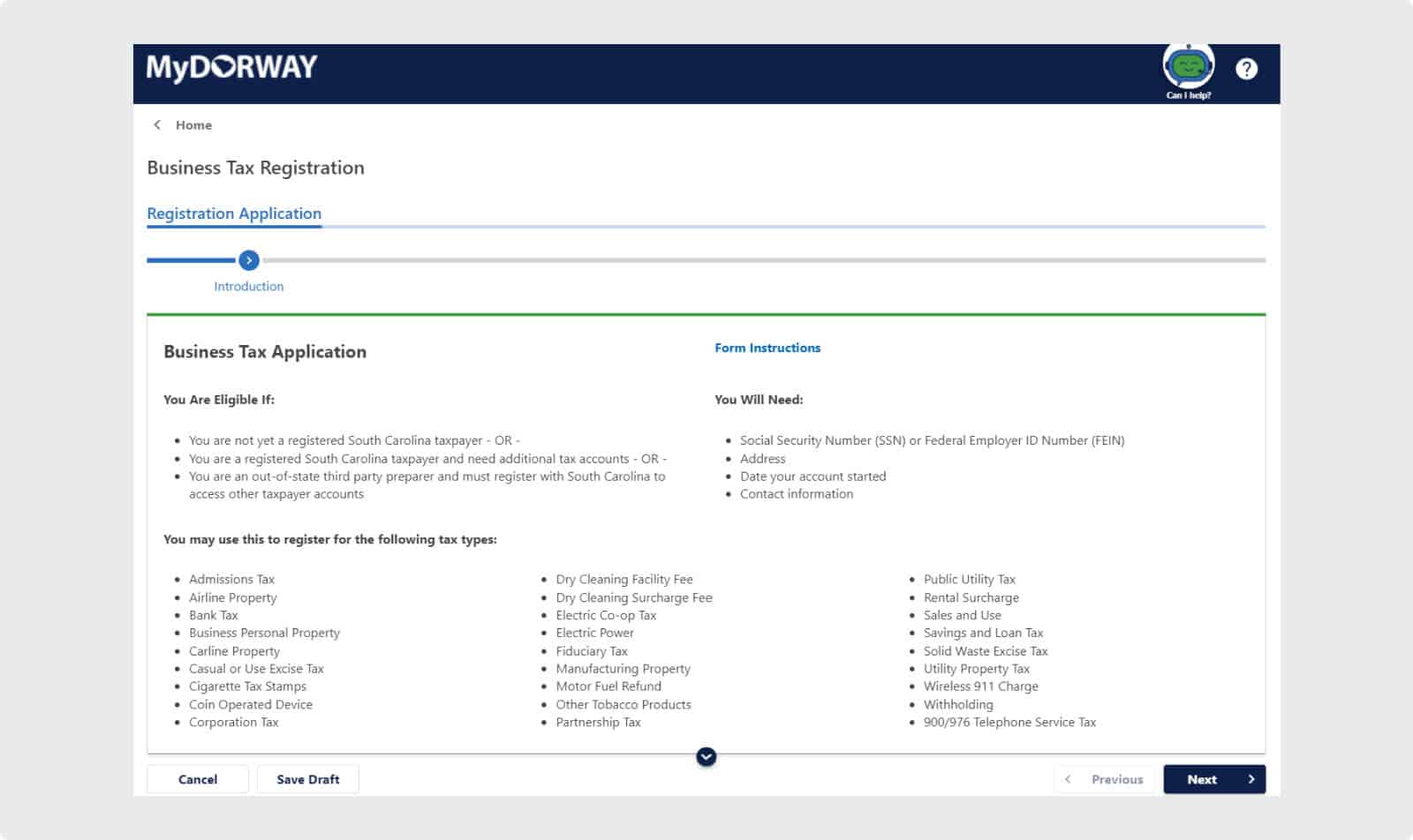 South Carolina Business Tax Registration on MyDORWAY portal