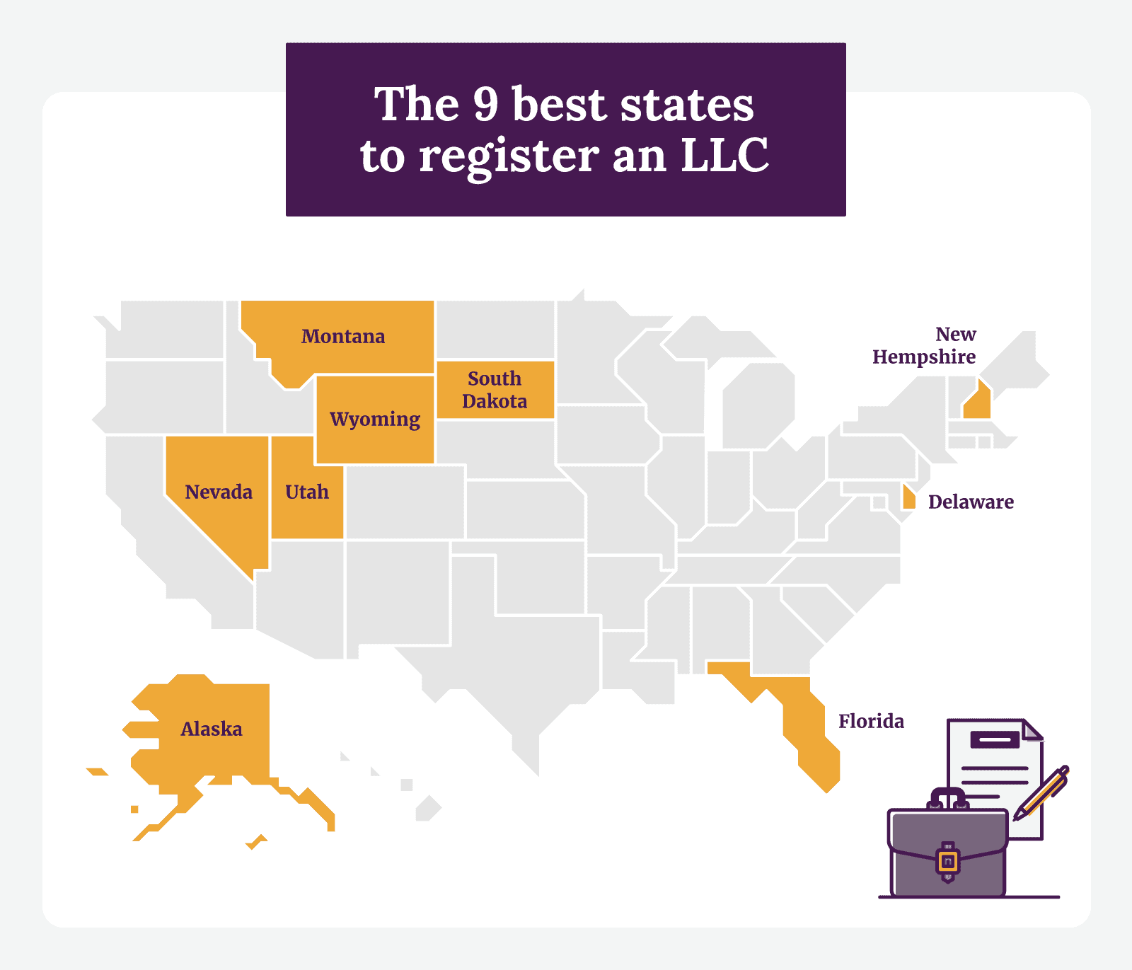 Map of the US with the best states to form an LLC highlighted in yellow.