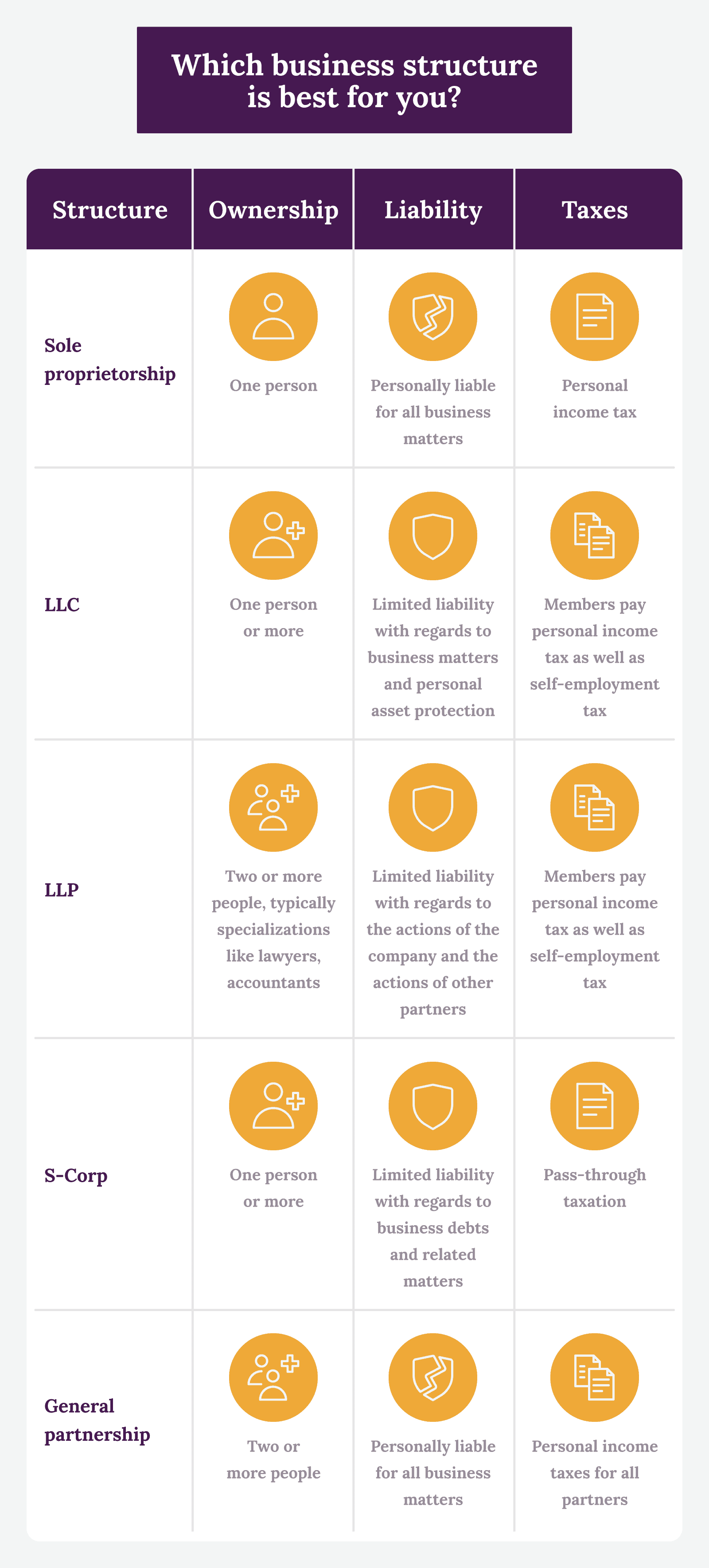 Comparison table of different types of business structures