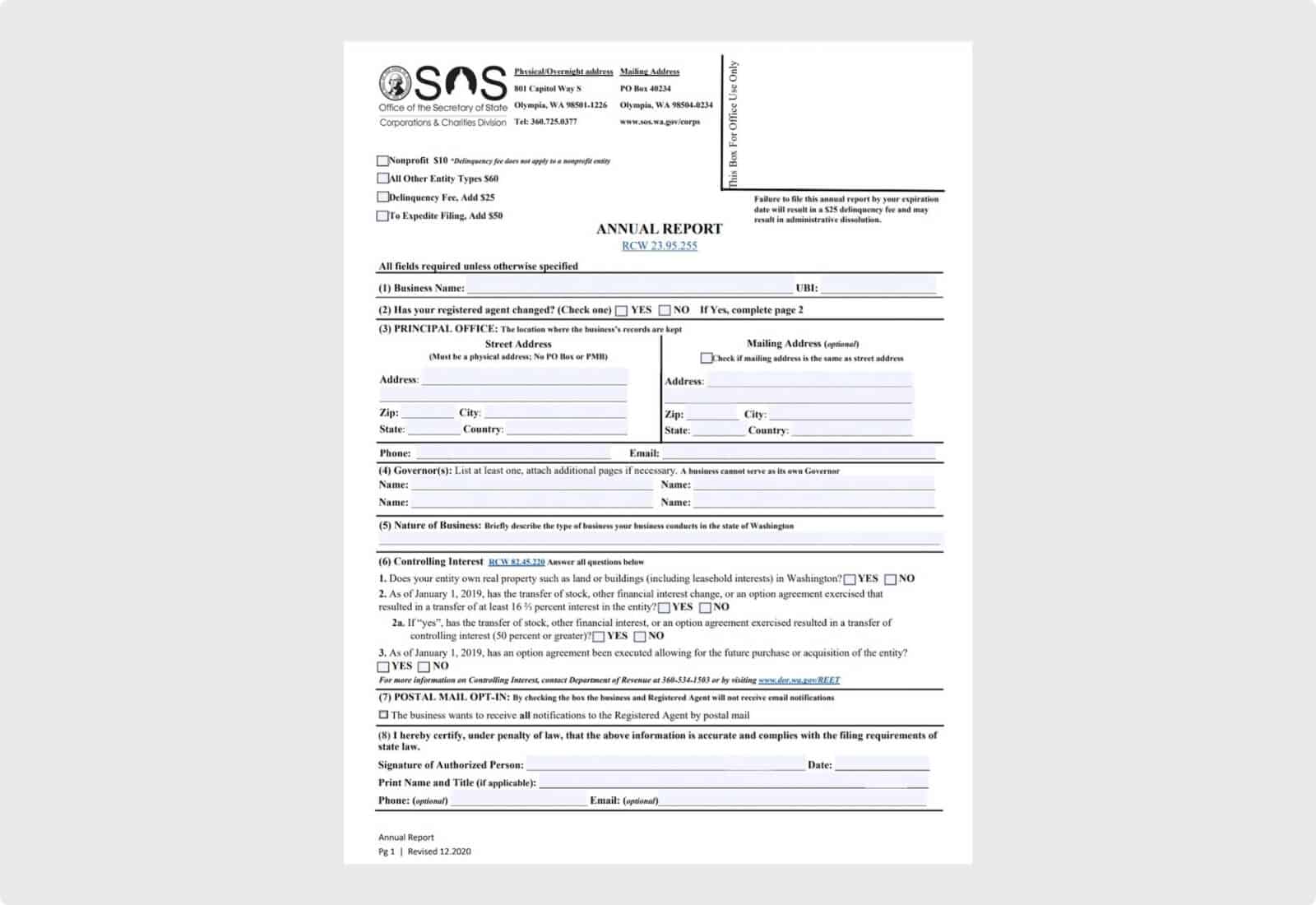 Annual Report form for Washington LLCs