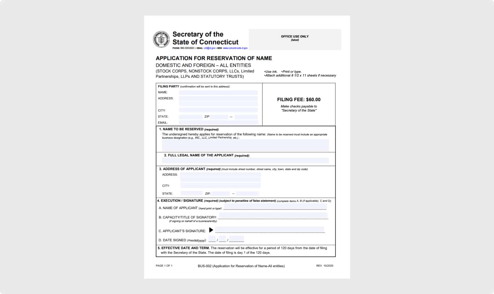Application for business name reservation