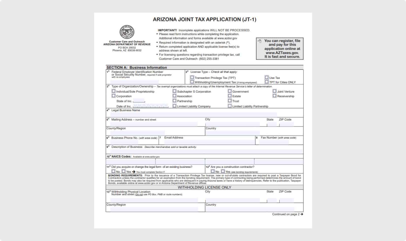 Arizona’s Joint Tax Application for TPT and payroll tax withholding