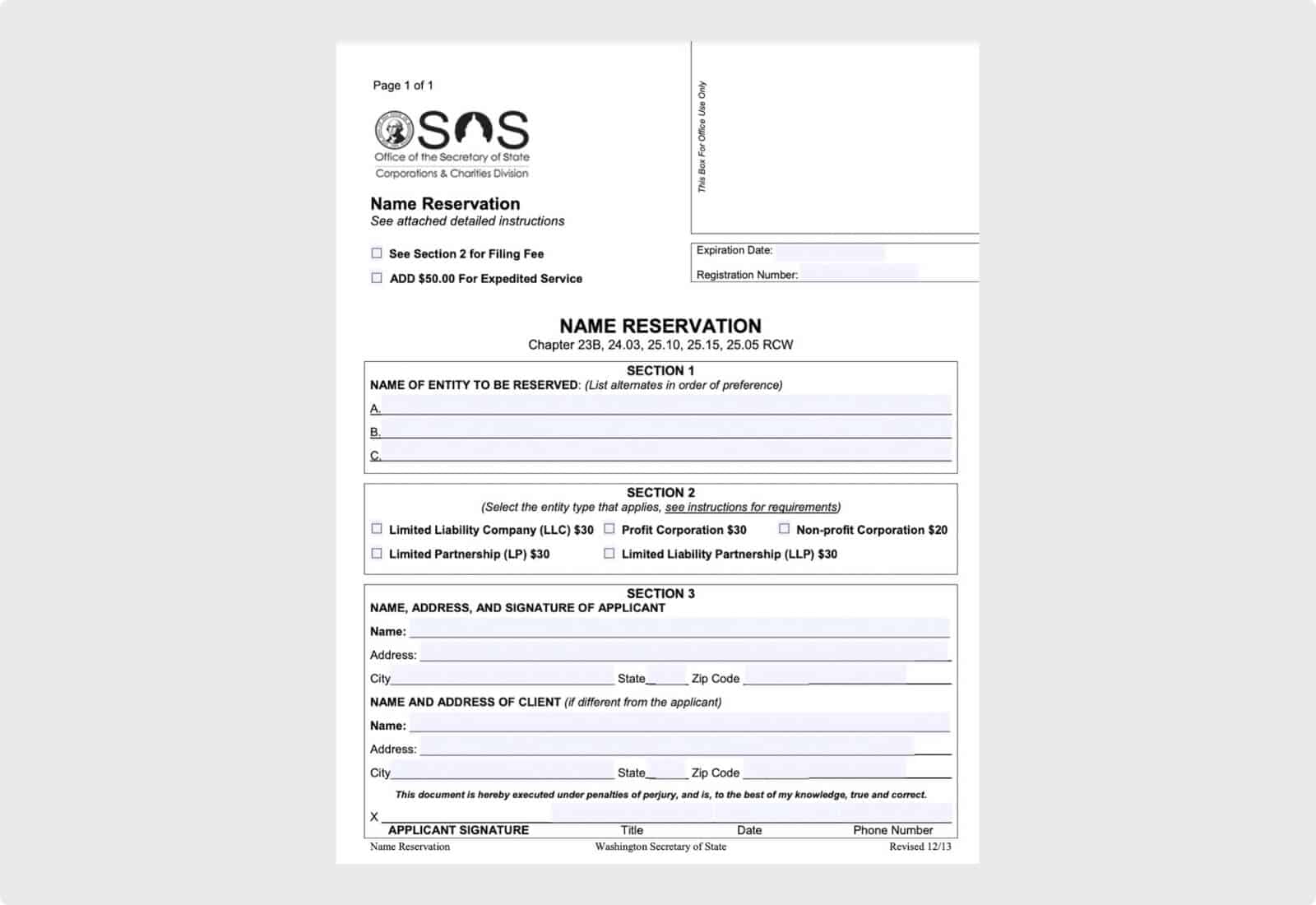 Business name reservation form