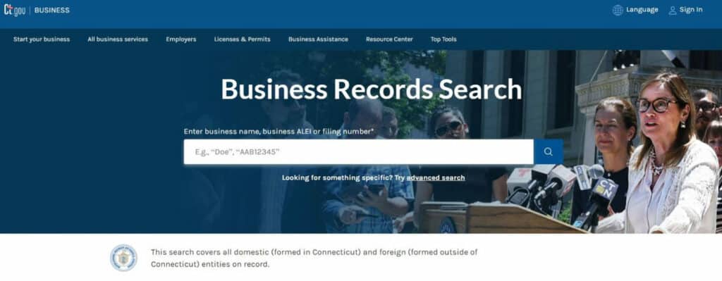 Connecticut business name search home page
