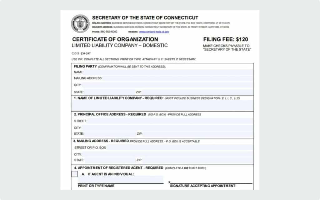 Connecticut certificate of organization to form a domestic LLC