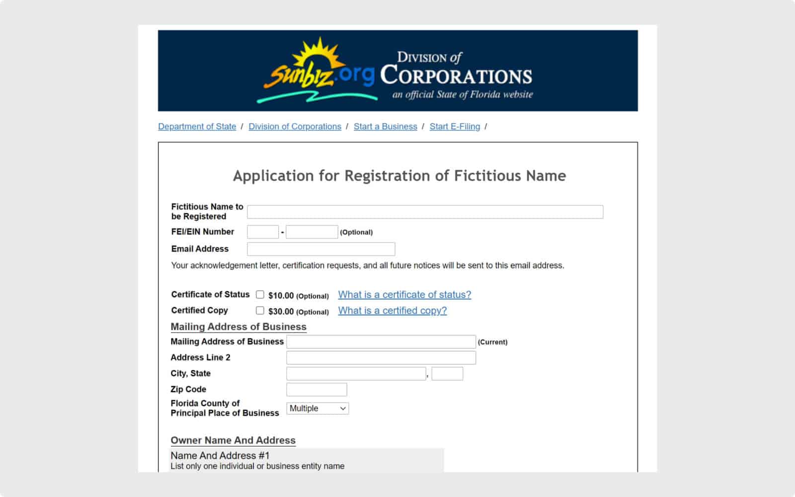 Fictitious name registration form