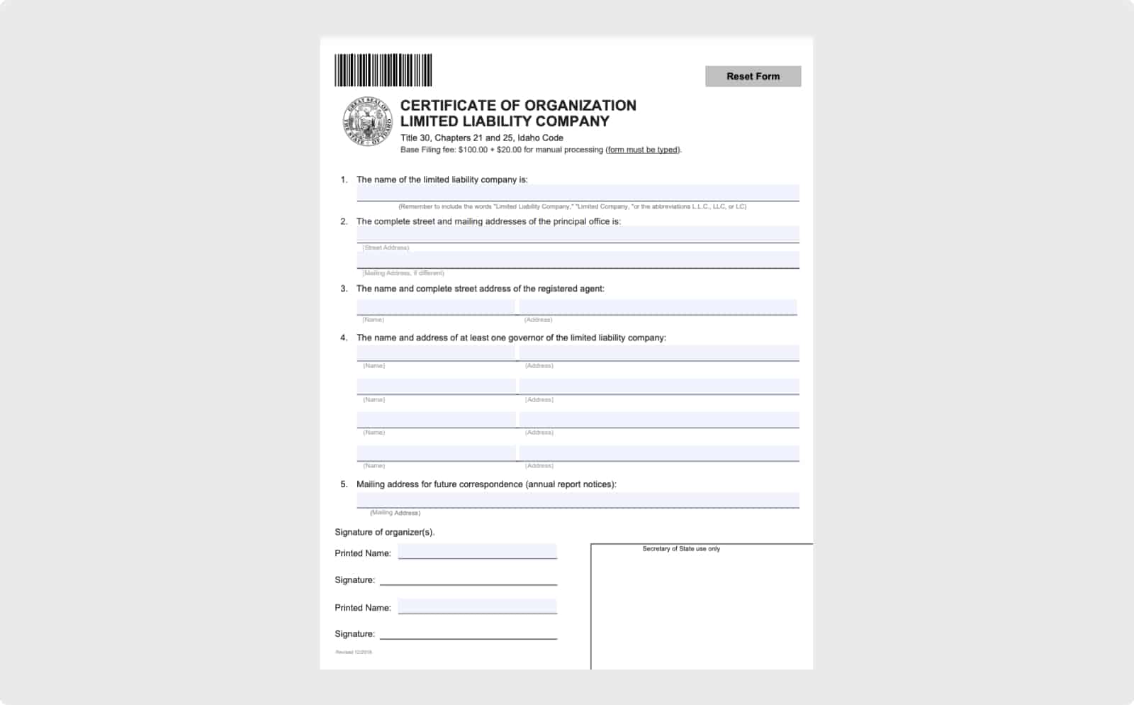 Idaho LLC Certificate of Organization form. Source Idaho Secretary of State