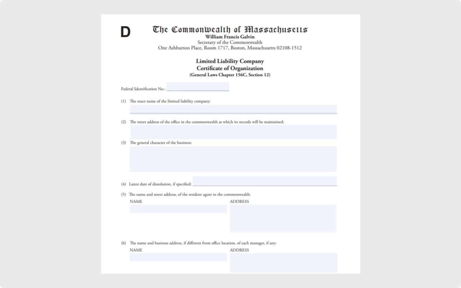 Massachusetts Certificate of Organization to form an LLC