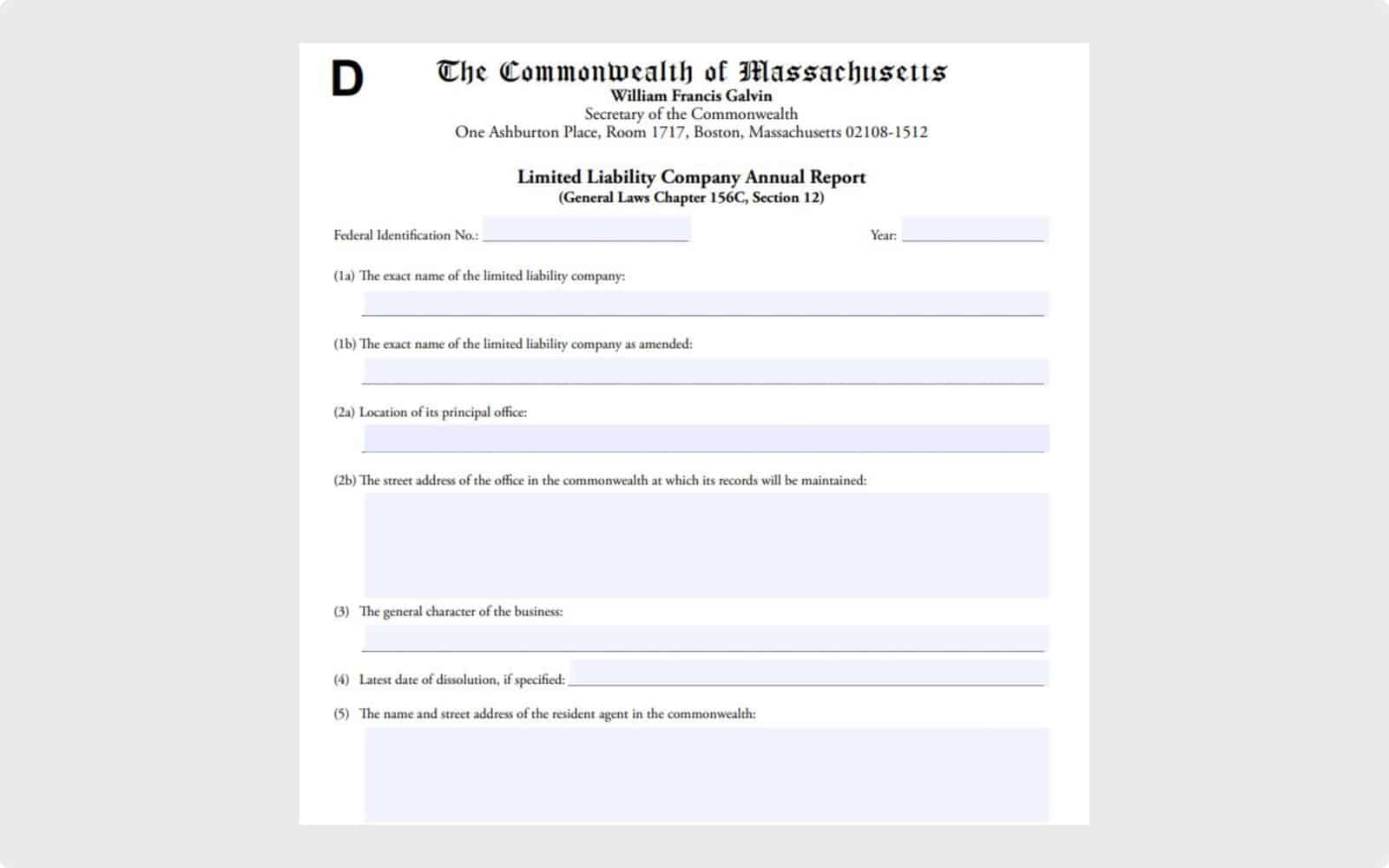 Massachusetts LLC Annual Report that's due each year on the anniversary date