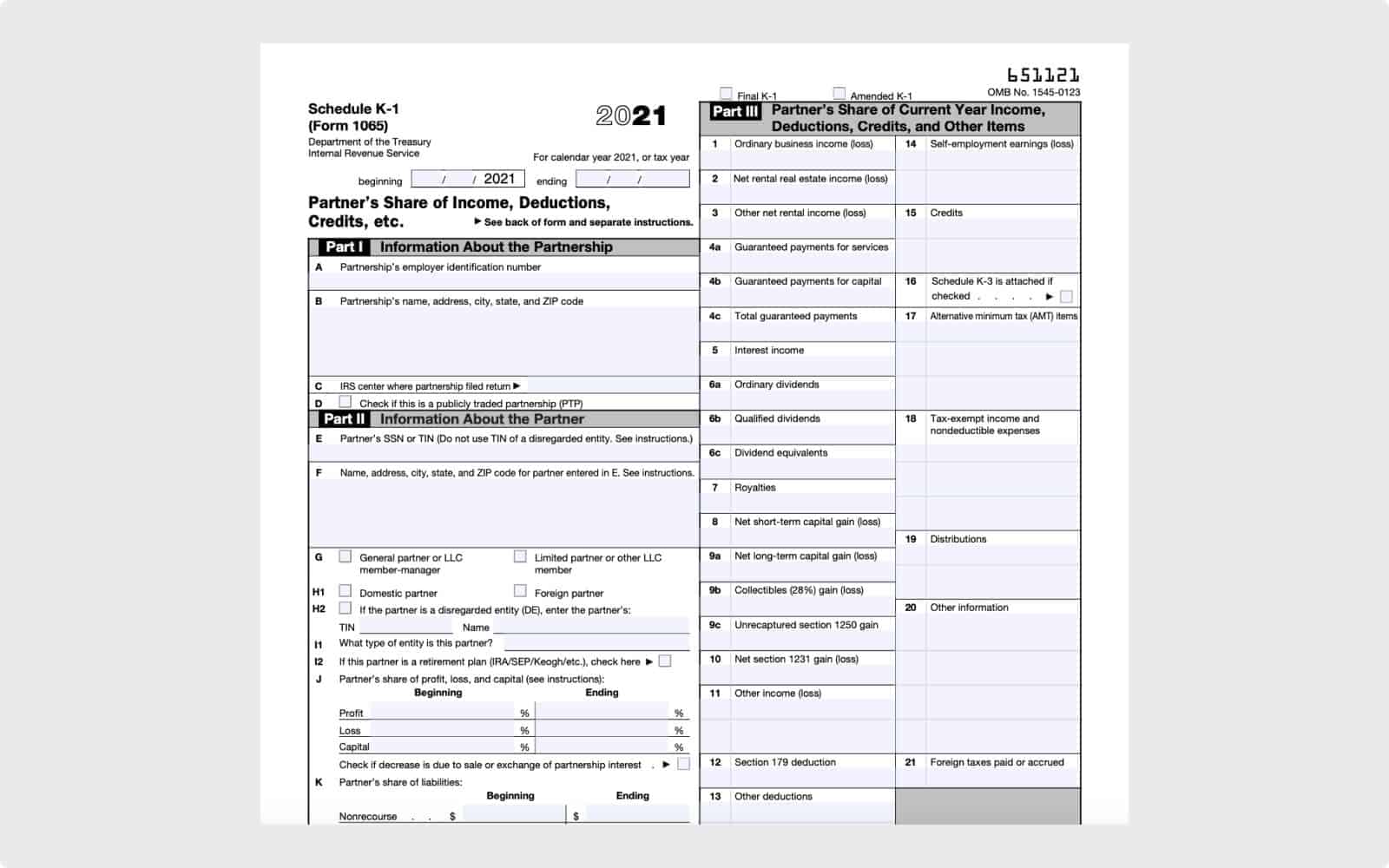 Schedule K-1 is completed along with the income tax return for an LLC taxed as a Partnership