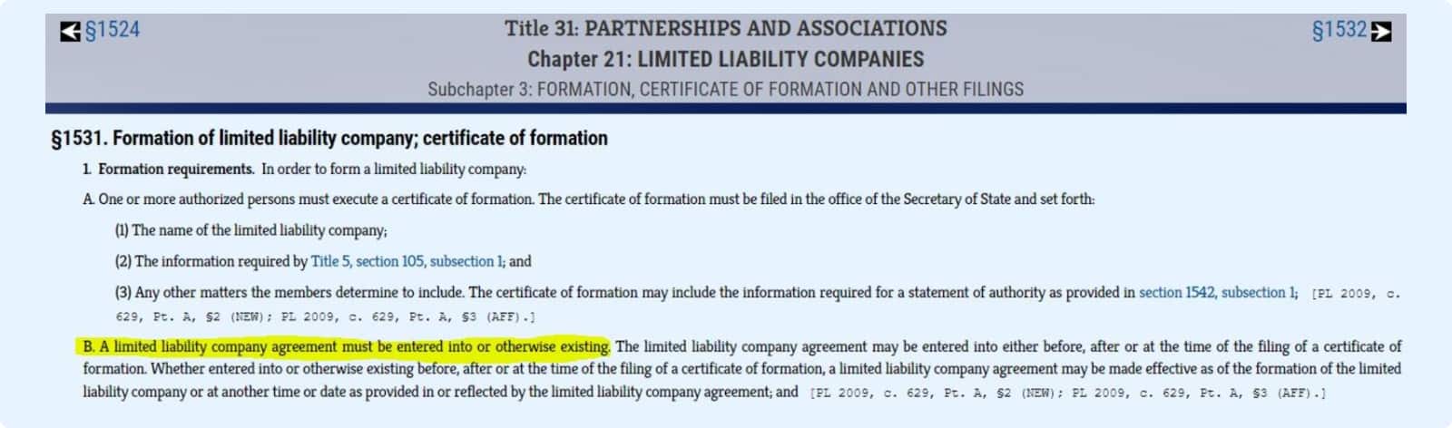 Maine statute 1531 requiring LLC operating agreeme