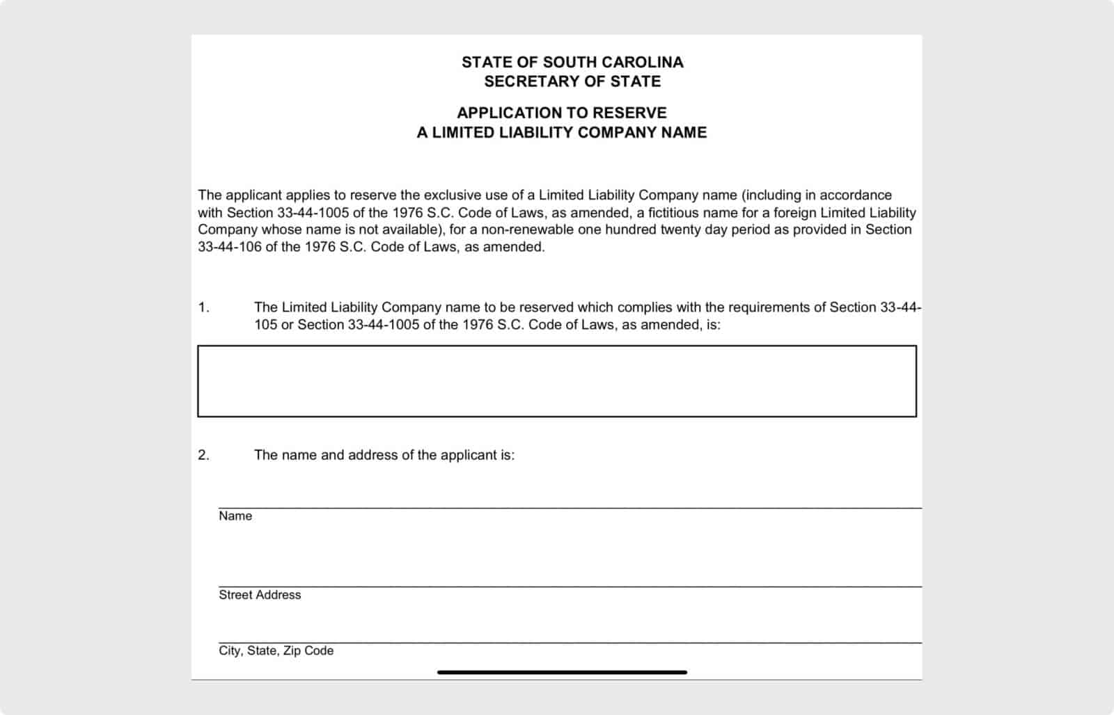 Reserve your LLC name for up to 120 days in South Carolina