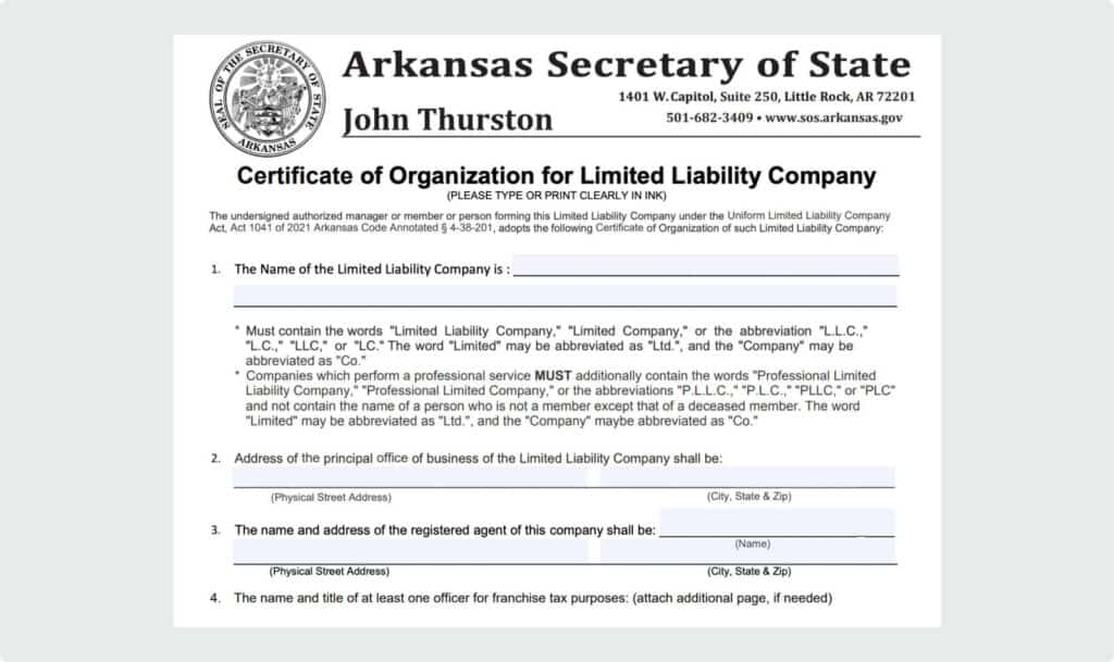 Certificate of Organization for a domestic LLC in Arkansas