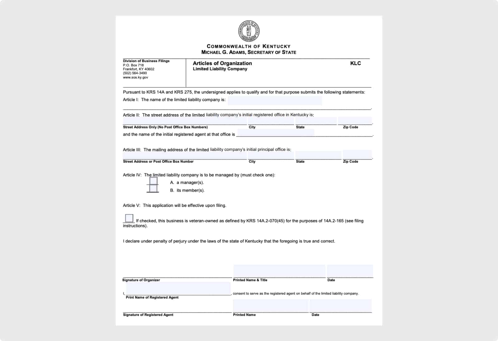 File the Kentucky LLC articles of organization