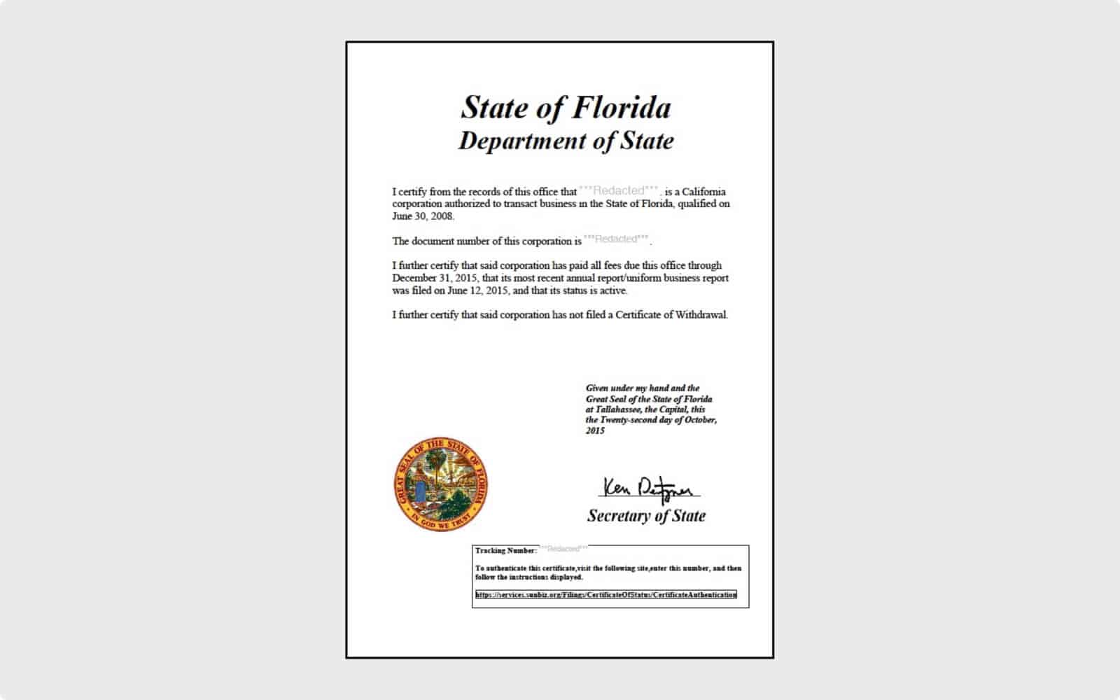 Florida certificate of good standing example