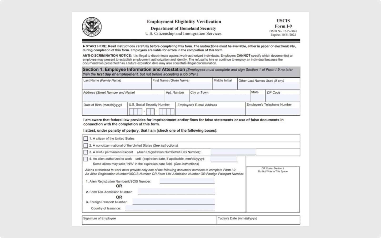 Form I-9 from USCIS