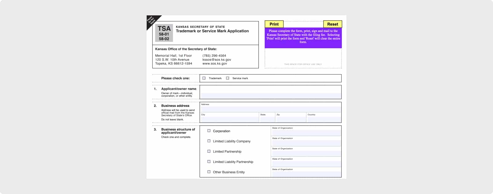 Form TSA to register your trademark in Kansas