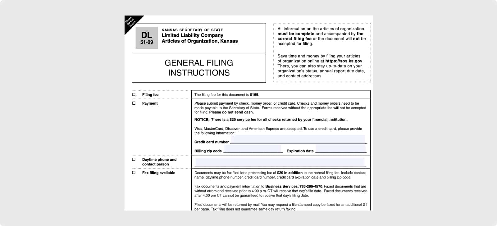 Kansas Articles of Organization to create a Limited Liability Company