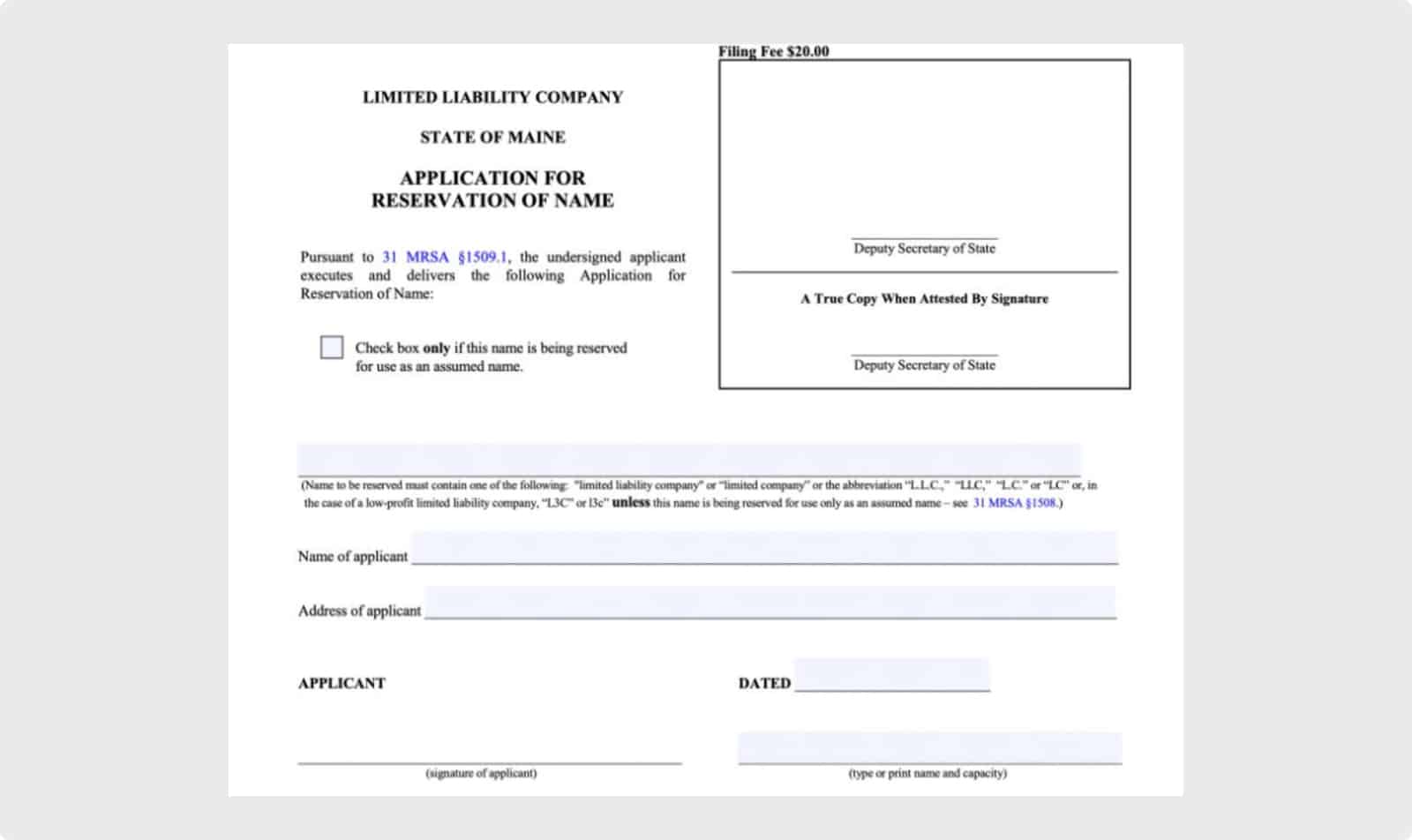 MAINE APPLICATION FOR BUSINESS NAME REGISTRATION