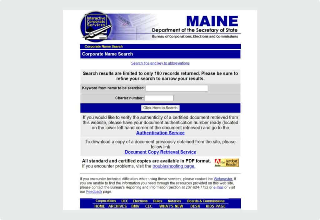 MAINE SECRETARY OF STATE BUSINESS NAME SEARCH