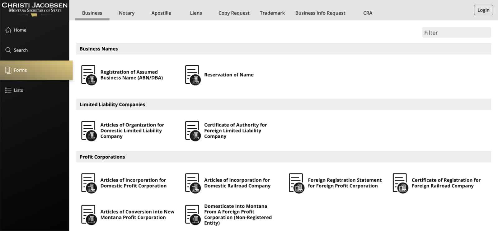 Montana Secretary of State business form filing portal