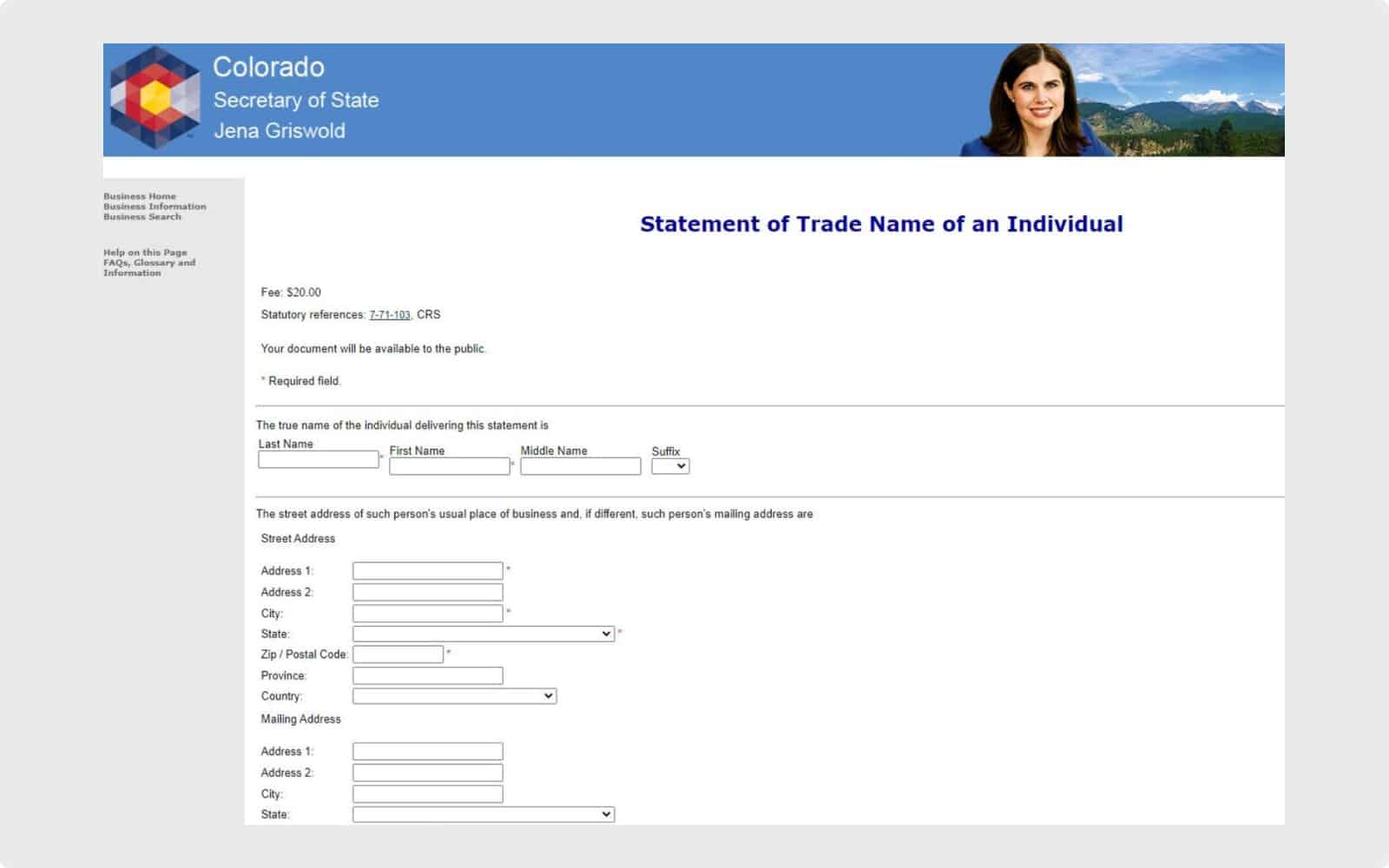 Snippet of Online Trade Name Registration Form in Colorado