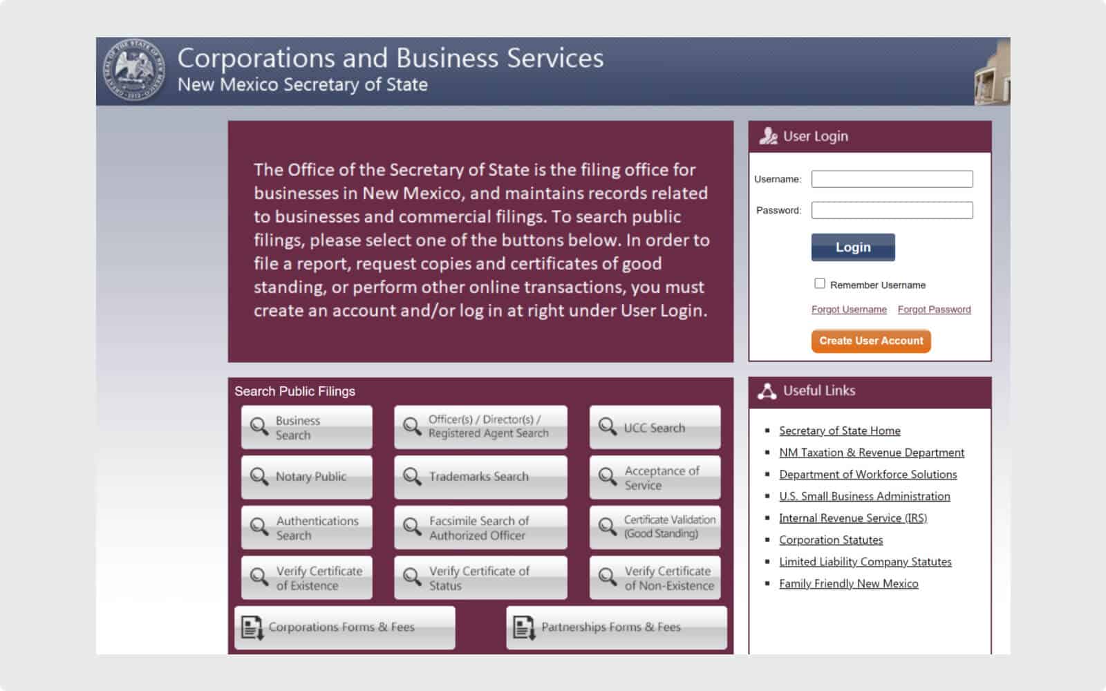The landing page for the New Mexico Secretary of State business portal.