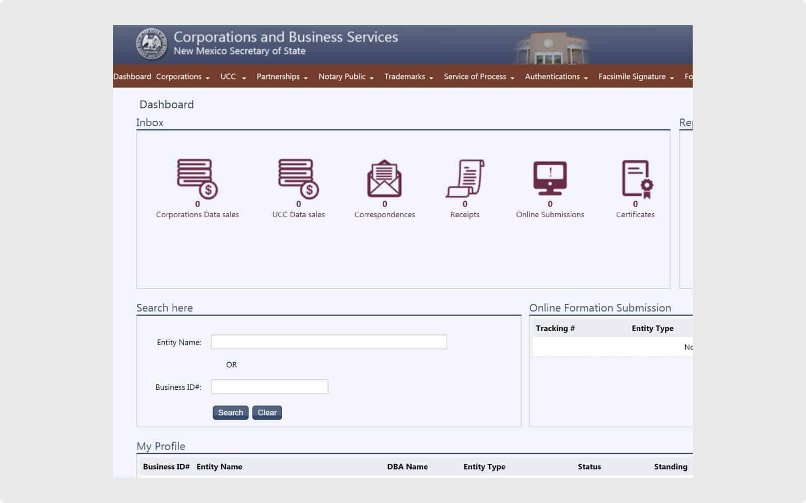 The online dashboard once logged into the Secretary of State business portal