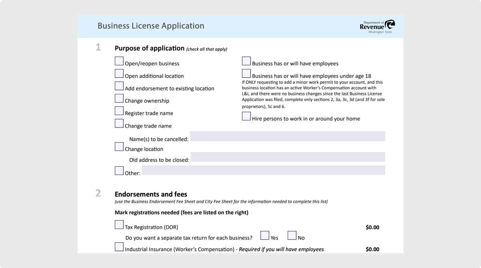 Washington state business license application bundle.