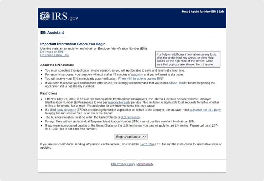IRS EIN Assistant for Applying for an EIN Online