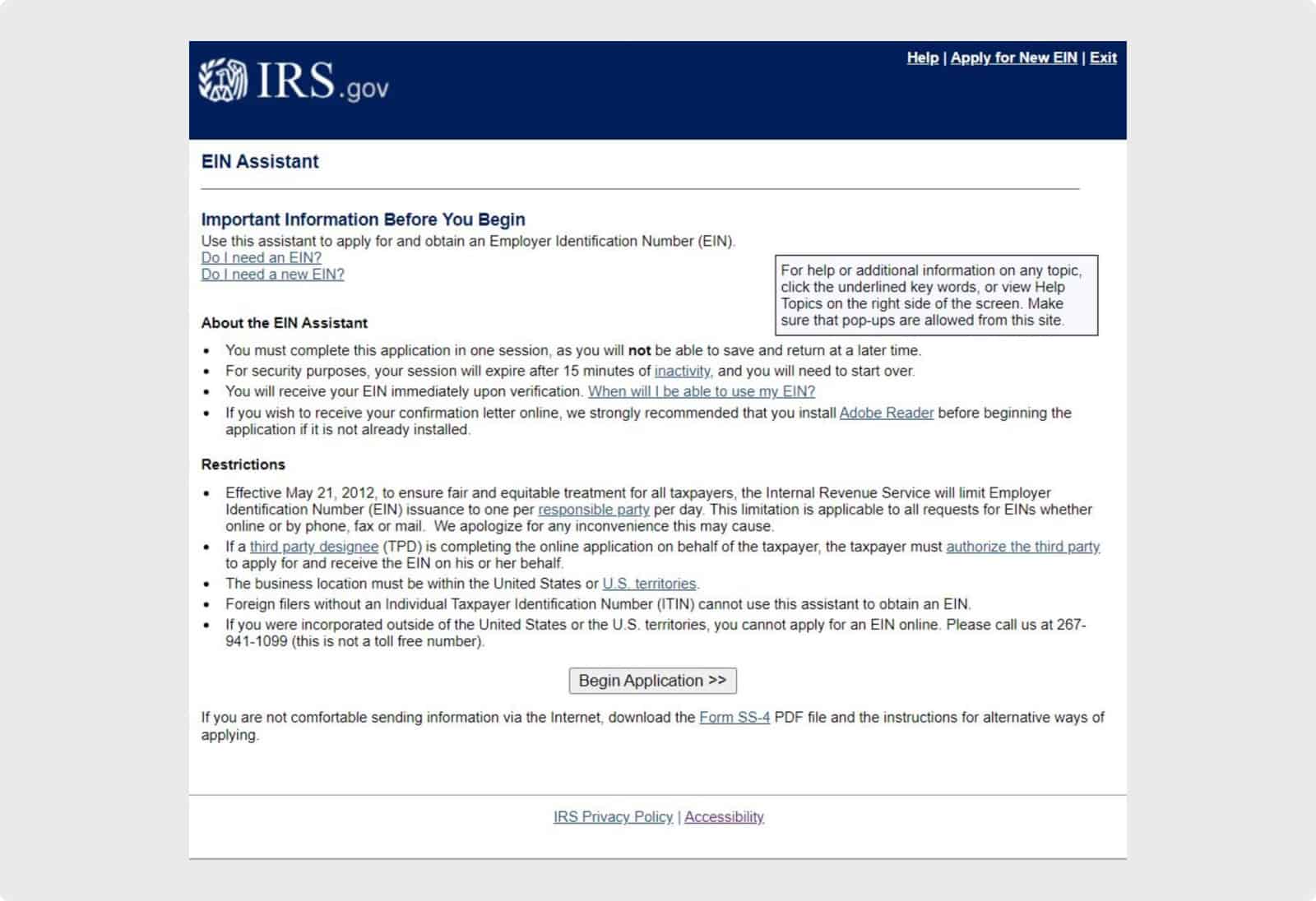 IRS EIN Assistant for Applying for an EIN Online