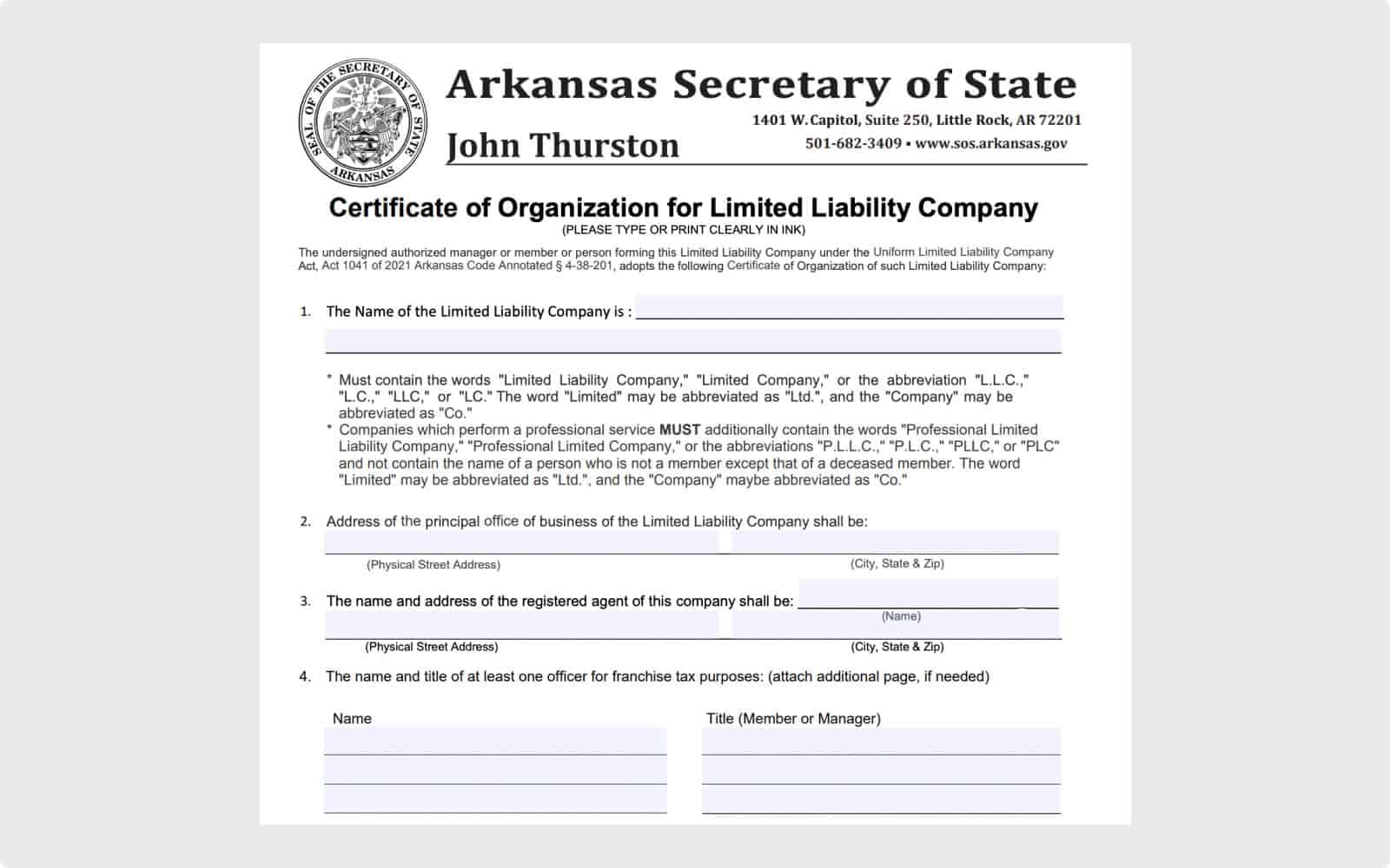 LLC formation documents for a domestic LLC in Arkansas