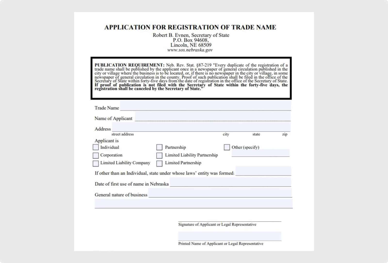 Nebraska Application of Trade Name Usage