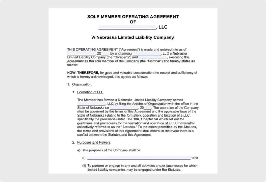 Nebraska LLC Operating Agreement Online Template