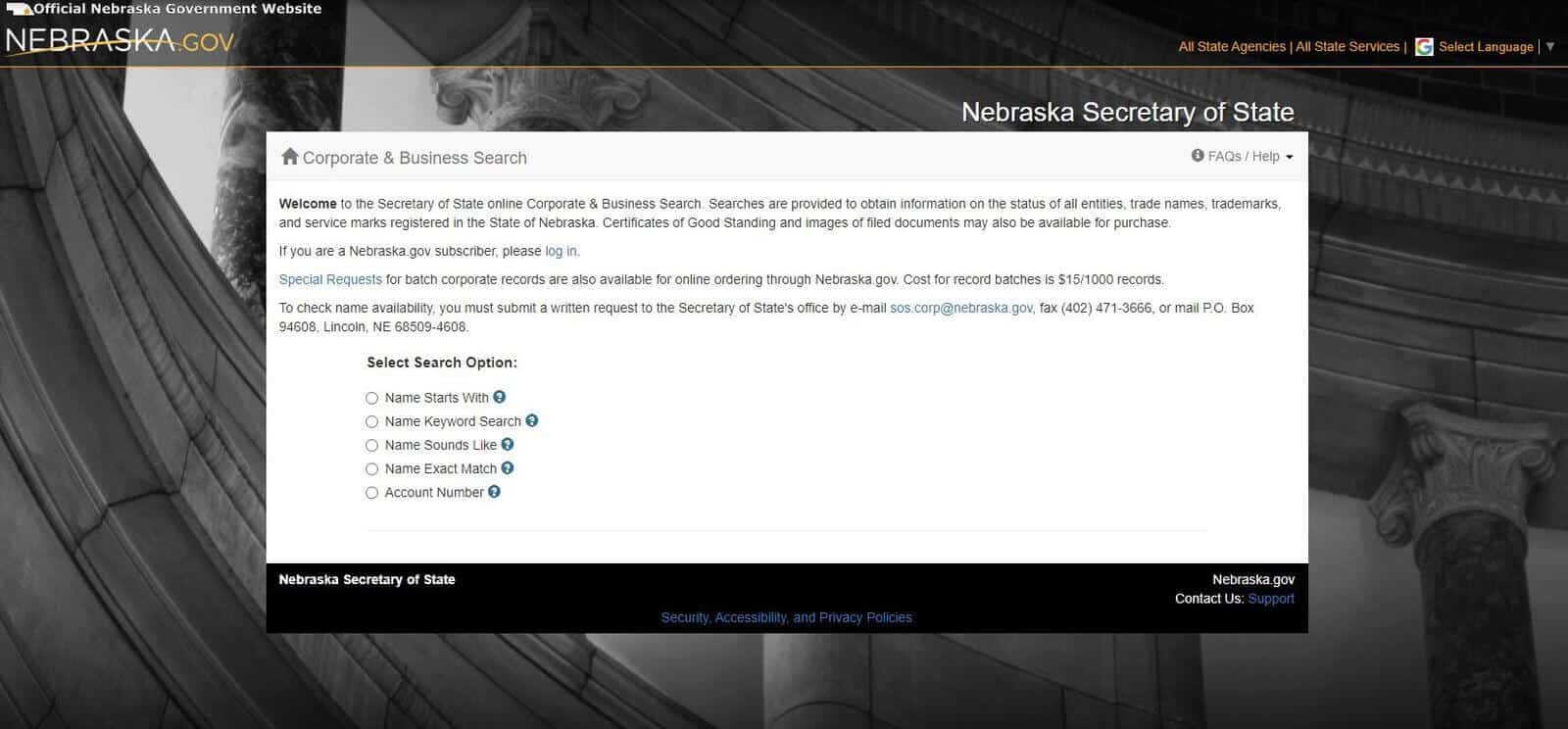 Nebraska Secretary of State Business Name Search