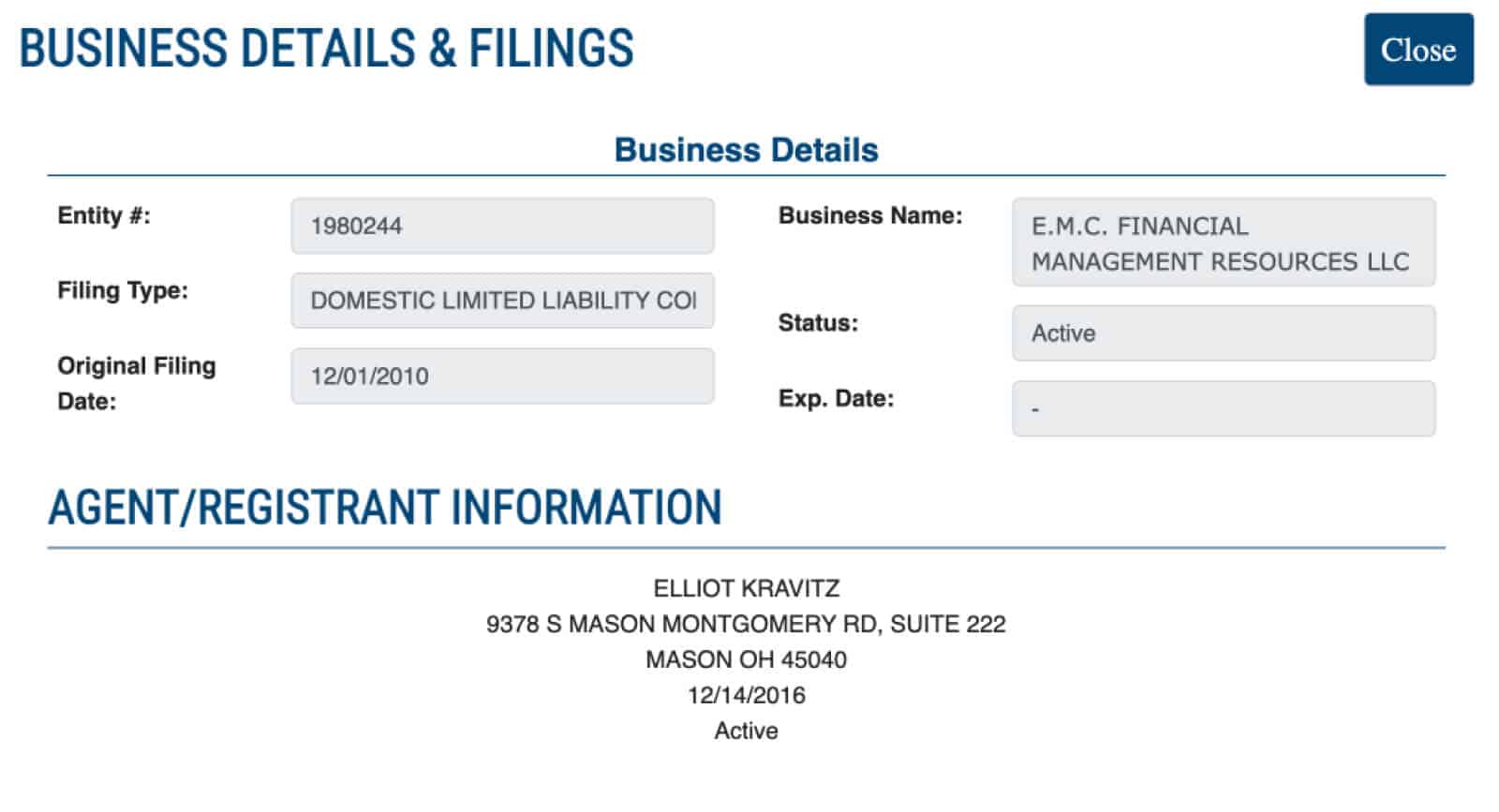 Registration status of Ohio registered agent service via state business lookup tool
