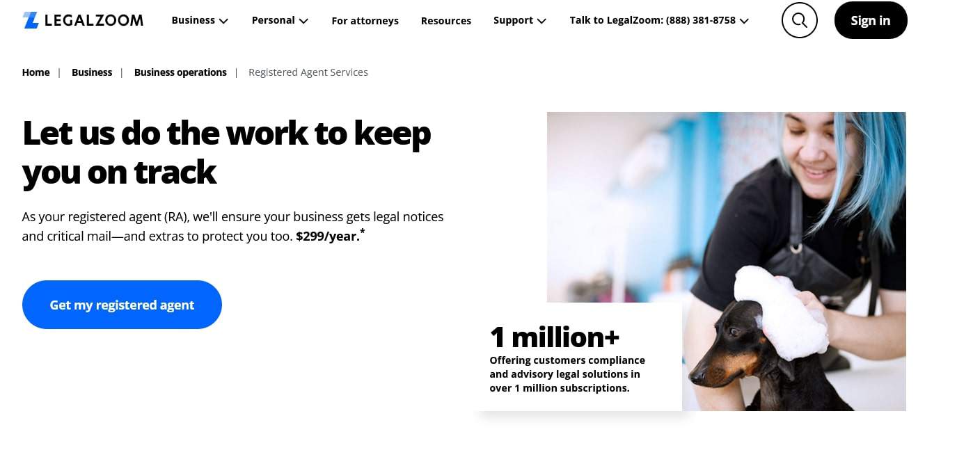 LegalZoom registered agent service homepage