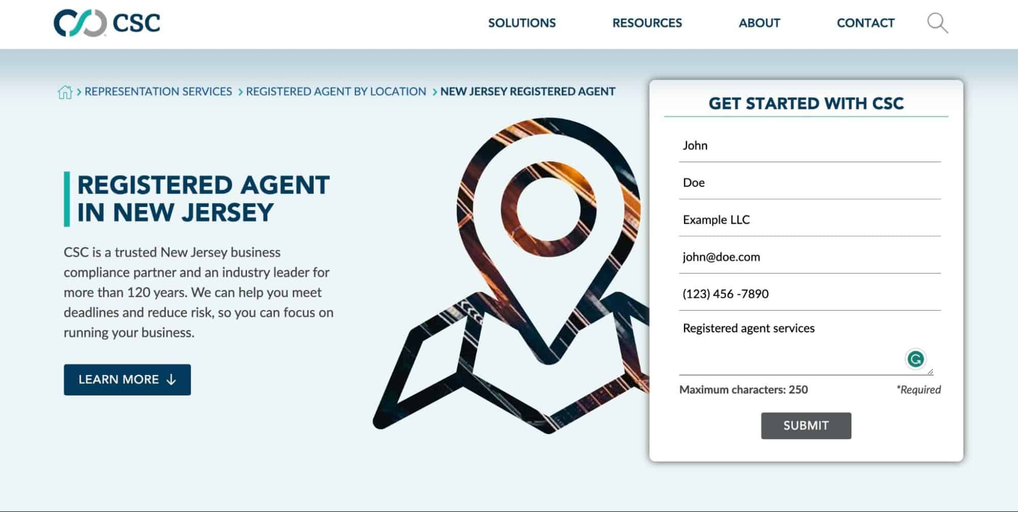 The CSC Global registered agent service page. 