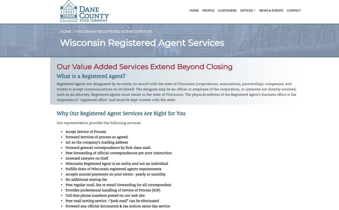 Dane County Title Company: Wisconsin Registered Agent service page.