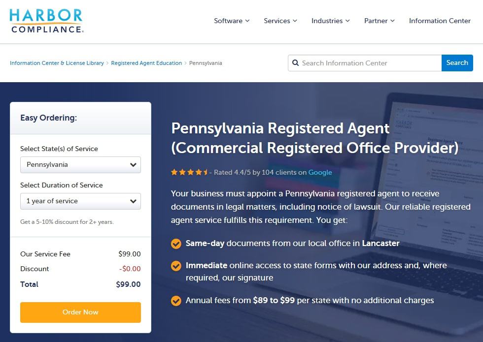 Harbor Compliance’s Pennsylvania registered agent page.