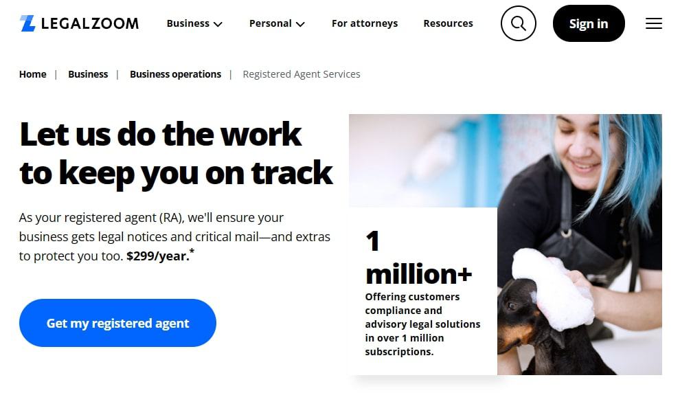 LegalZoom’s registered agent service page.