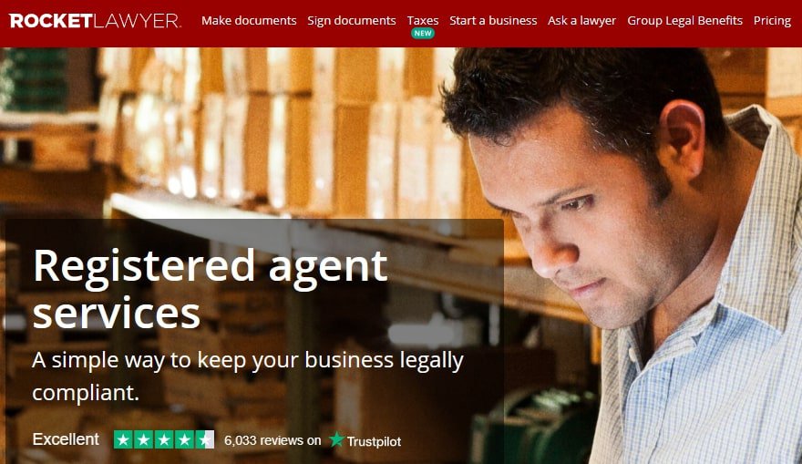 Rocket Lawyer registered agent service page.