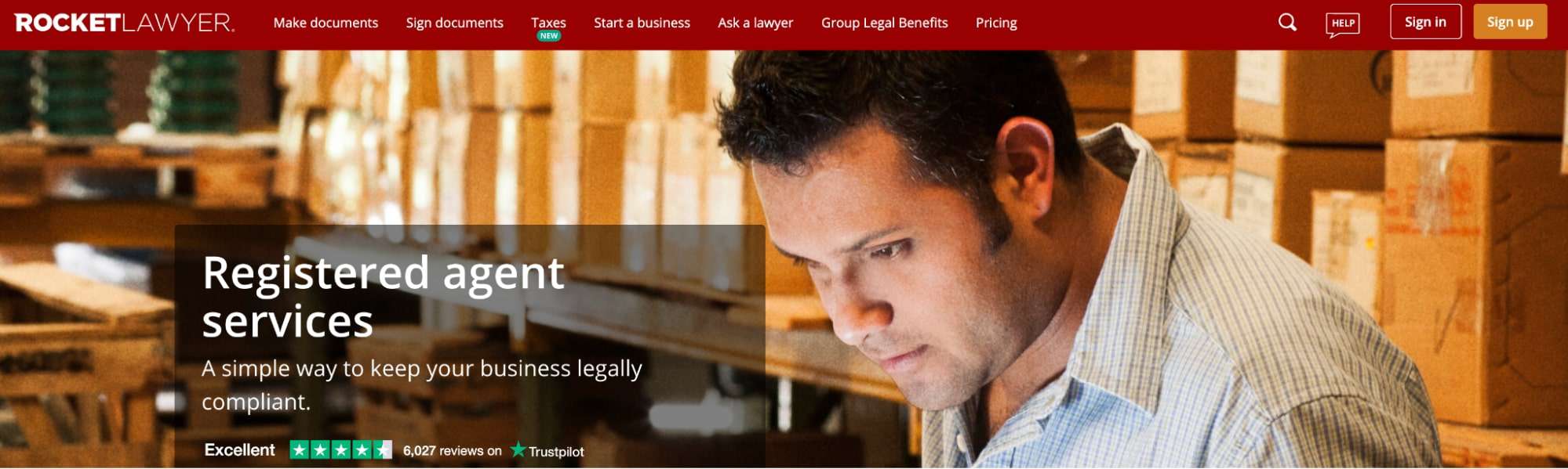 Rocket Lawyer’s registered agent services page. 