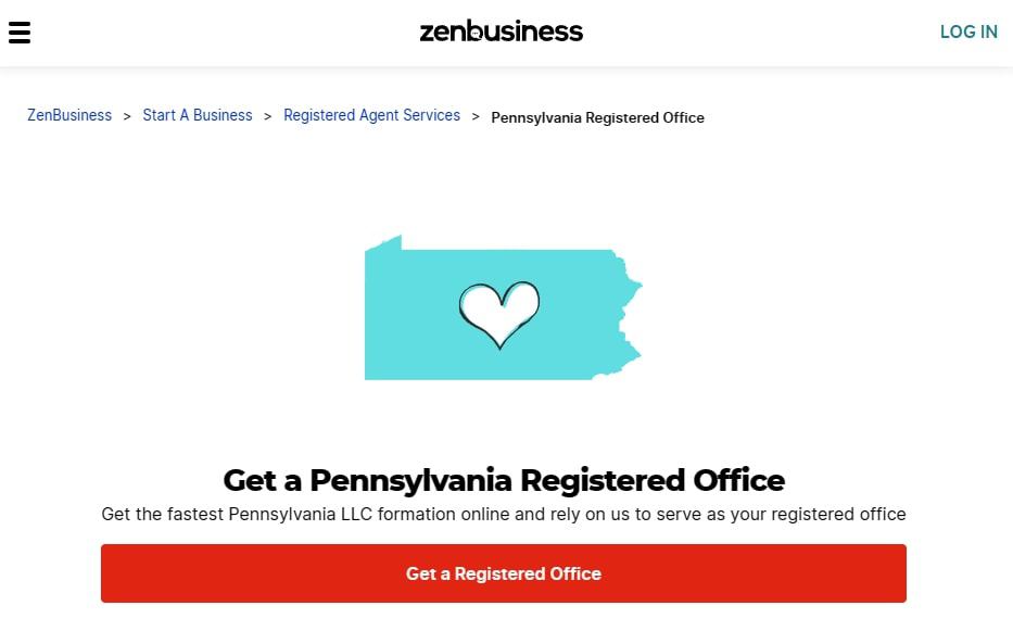The ZenBusiness Pennsylvania registered office homepage.