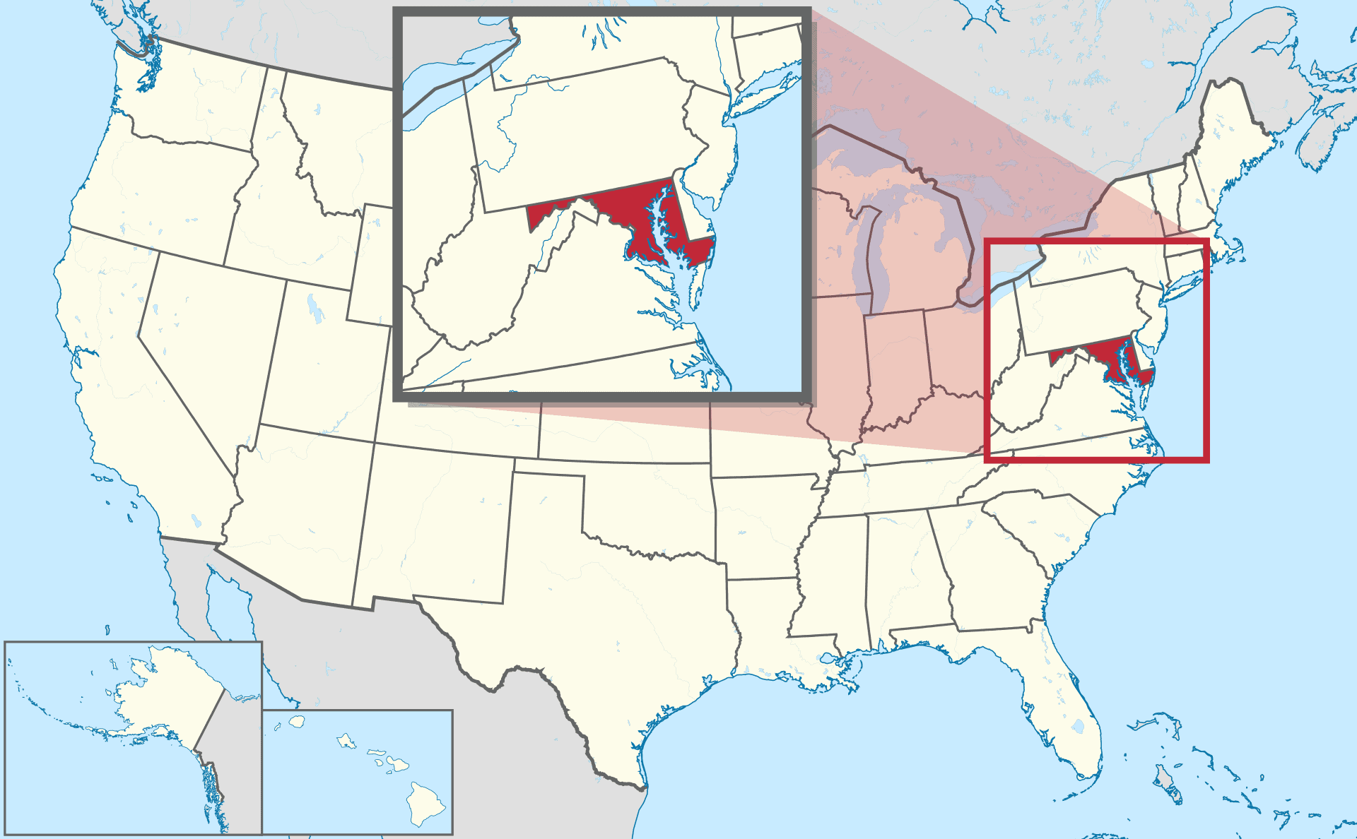 Map of US with Maryland highlighted in red