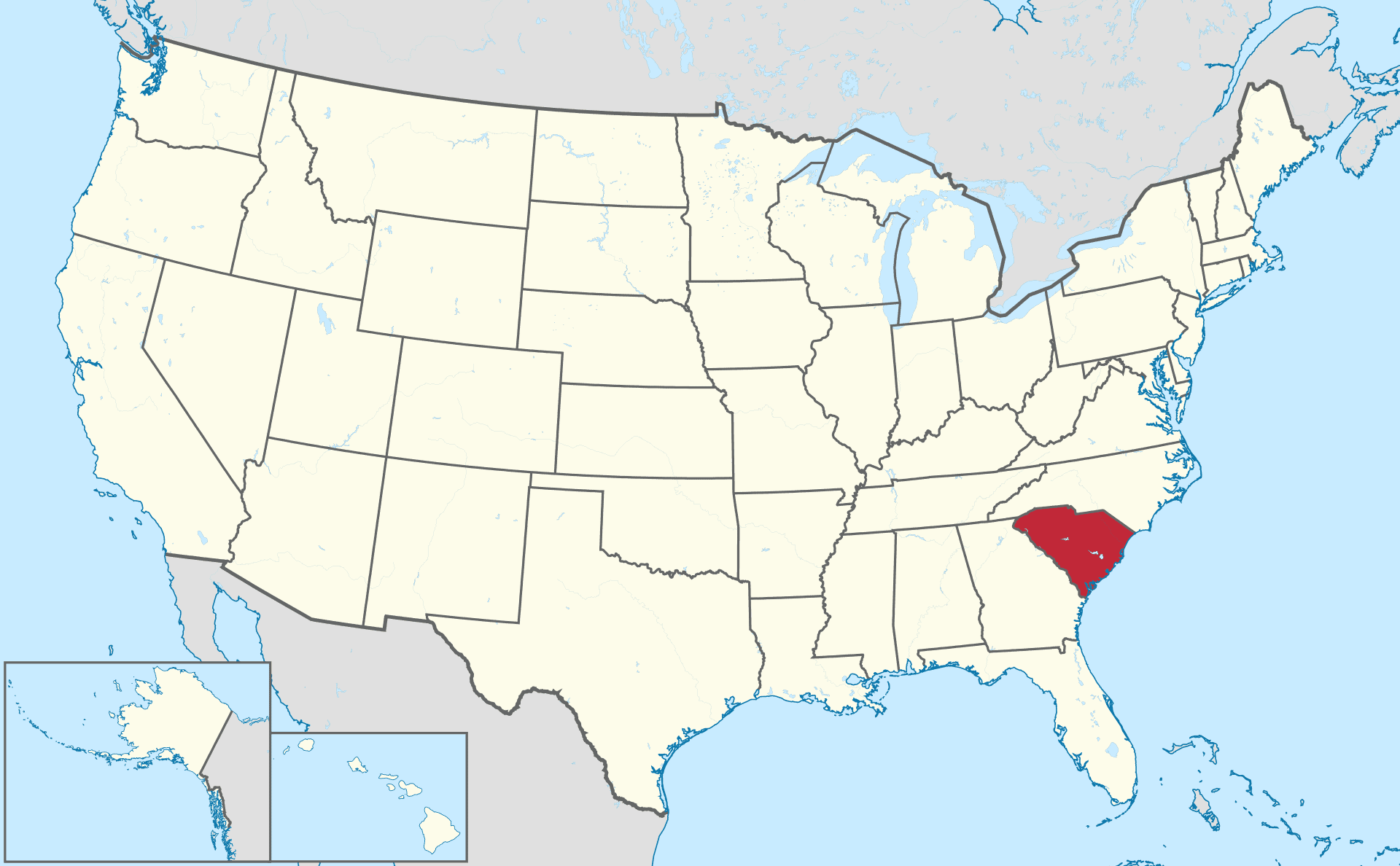 Map of the USA with South Carolina highlighted in red